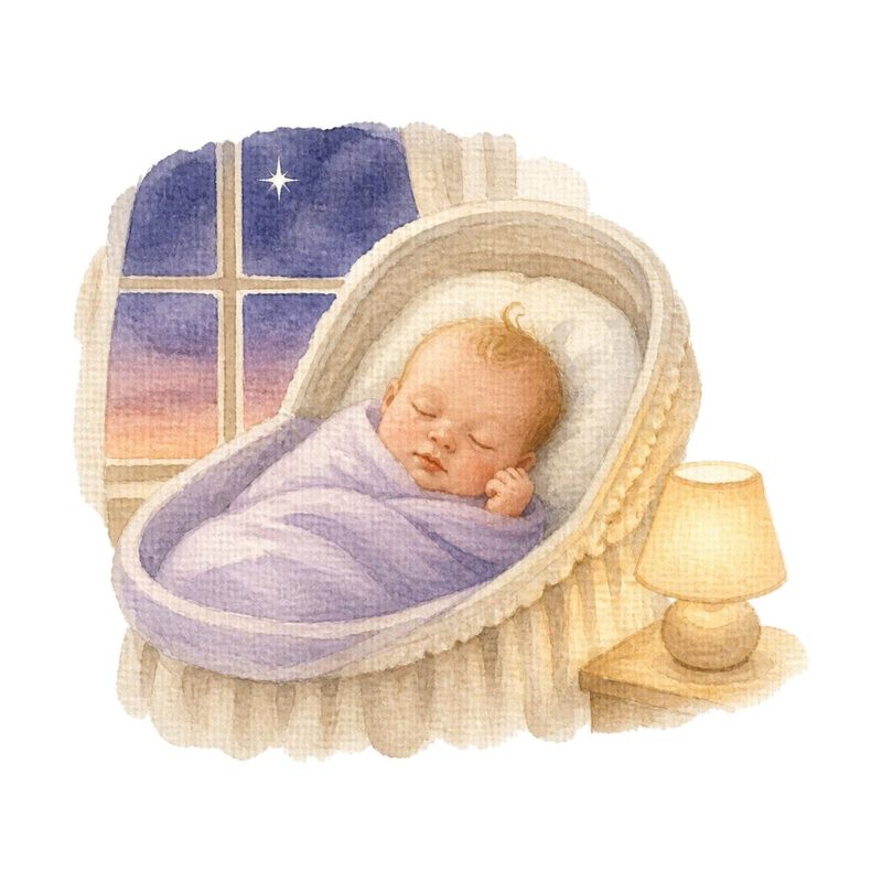 Watercolor illustration of a sleeping newborn in a bassinet beside a window at dusk