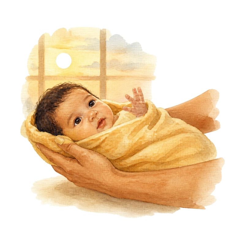 Watercolor illustration of a newborn held in two hands, morning light behind
