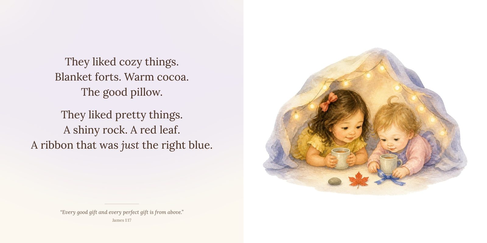 A full spread from the book: the story text with a verse on the left, two small cousins in a blanket fort on the right